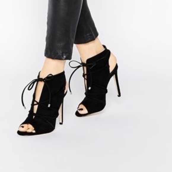 ASOS Estelle Tie Up Peep Toe Booties - Black Suede Sz: 7 - Picture 3 of 16